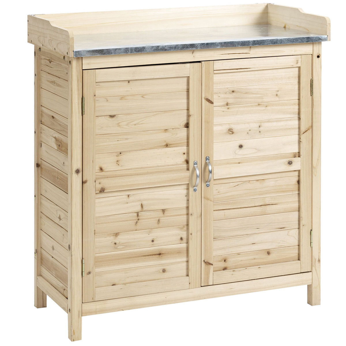 Gartenschrank mit 2 Fächern, Metall-Arbeitsplatte mit Aufkantung, Naturholz, 83 x 40 x 92 cm