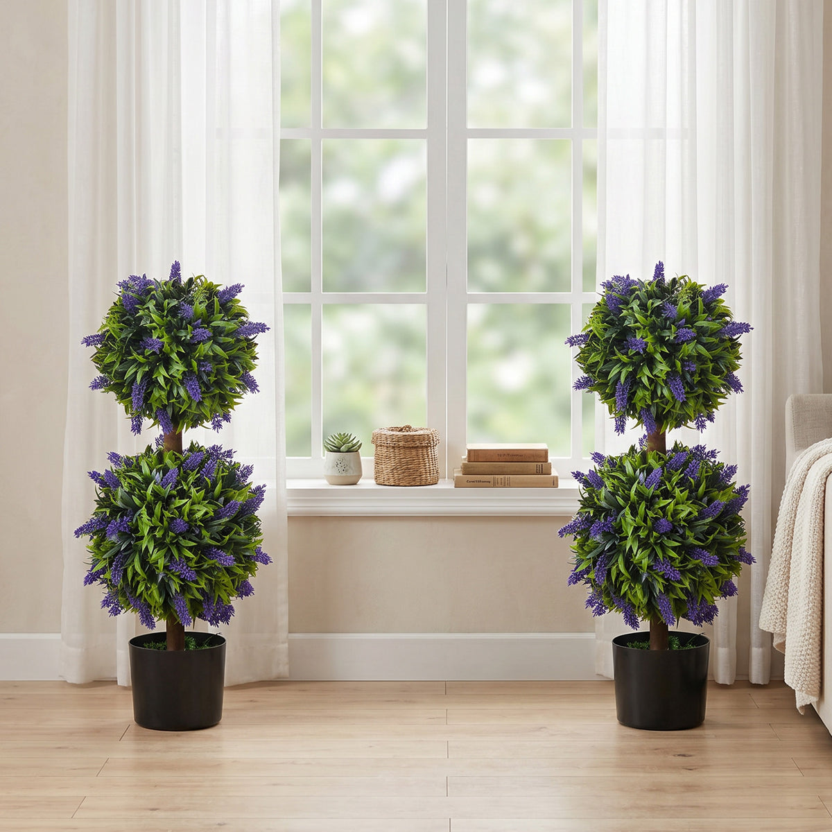Set of 2 Artificial Plants, Lavender Flowers Ball Trees with Pot, for Home Indoor Outdoor Decor, 70cm