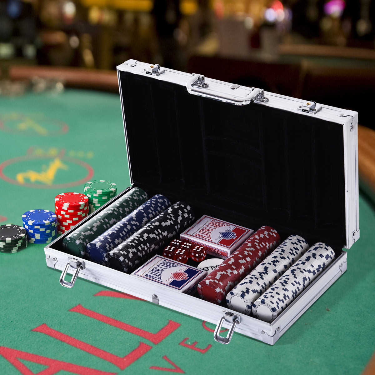  Poker Chips Set 300 PCs Casino Game Striped Dice 2 Decks of Cards Silver Aluminium Case