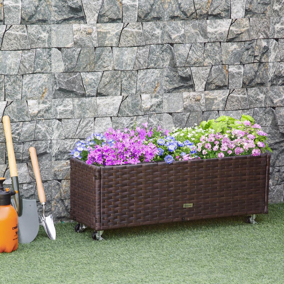 Hochbeet Poly Rattan mit Rollen Pflanzkasten mit Abflusslöchern Blumenkasten Blumenkübel Kaffee-Braun 94,5 x 31 x 36 cm