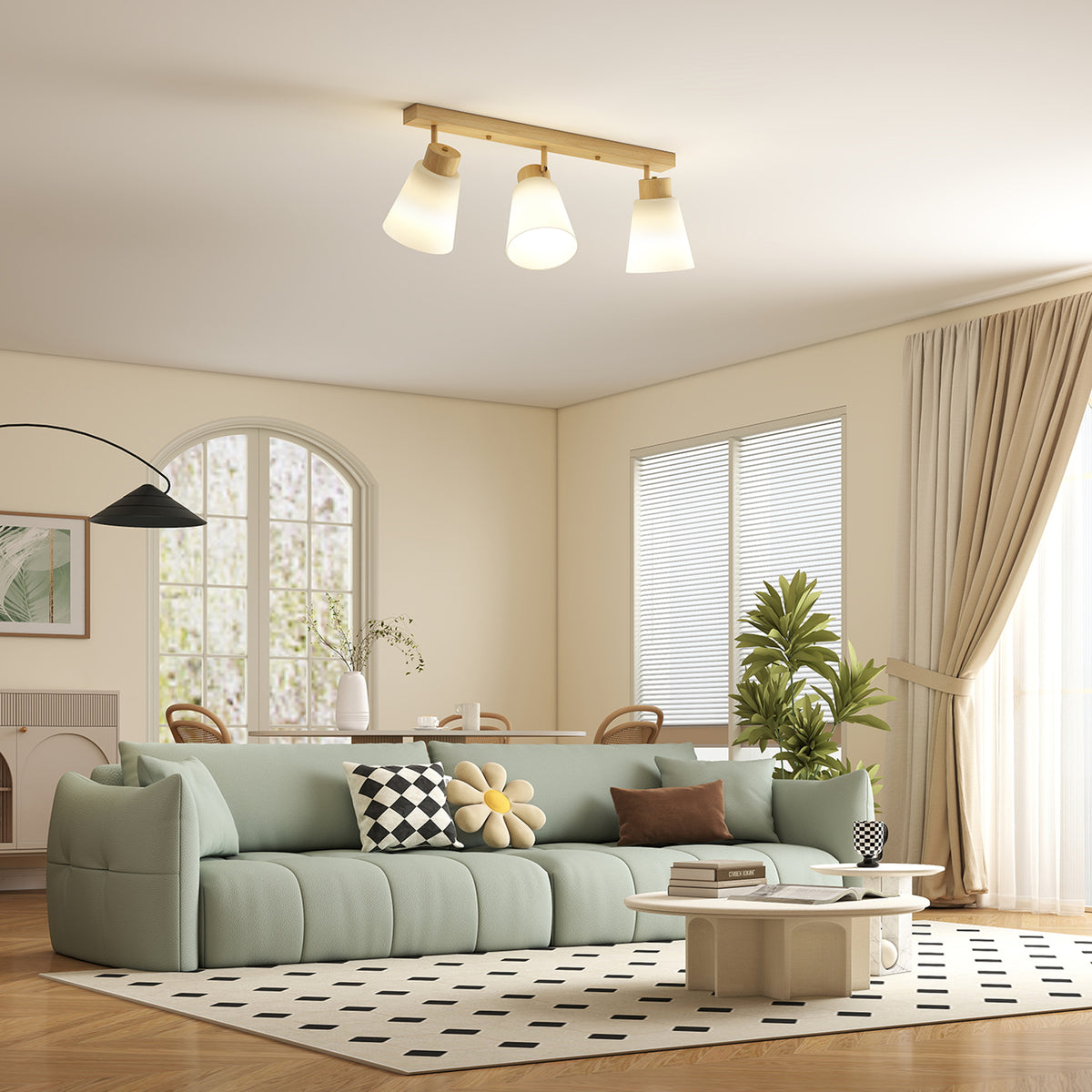 Deckenleuchte LED 40W Deckenlampe mit Doppelmontage und 90° verstellbaren Köpfen mit 3 E27-Fassungen Naturholz
