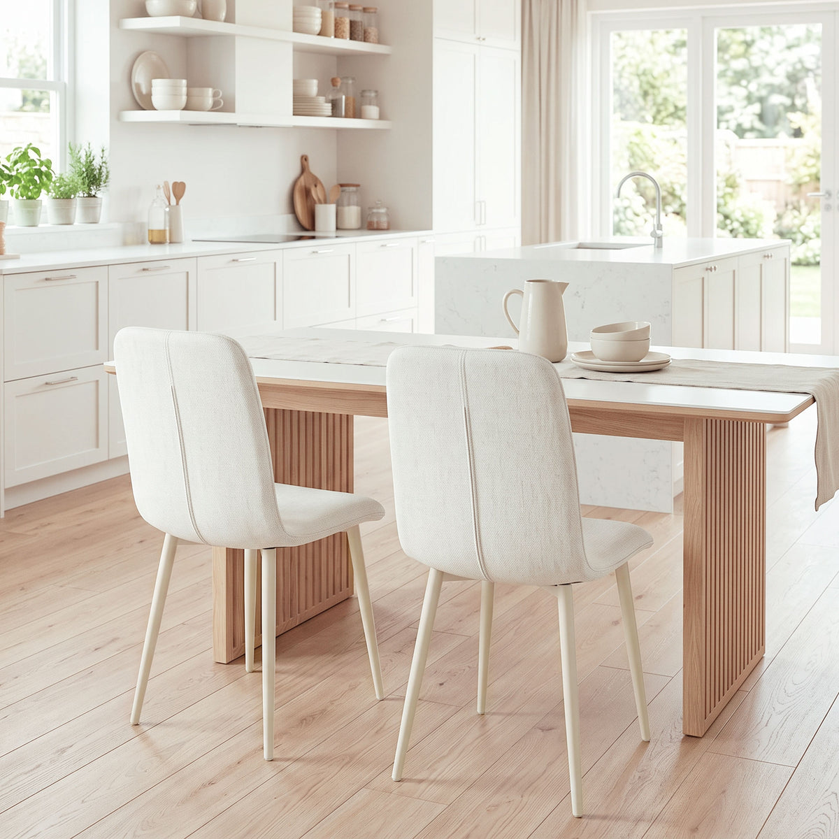 Esszimmerstühle 2er-Set, gepolsterte Küchenstühle in Leinenoptik mit leichten Beinen, Creme