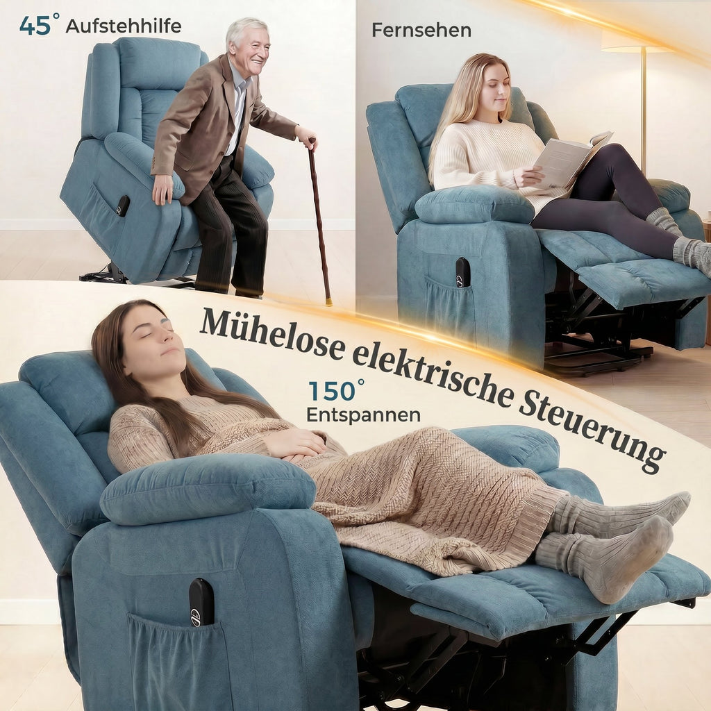 Aufstehsessel mit weichem Bezug, Recliner-Sessel mit Fernbedienung und Seitentaschen, Blau