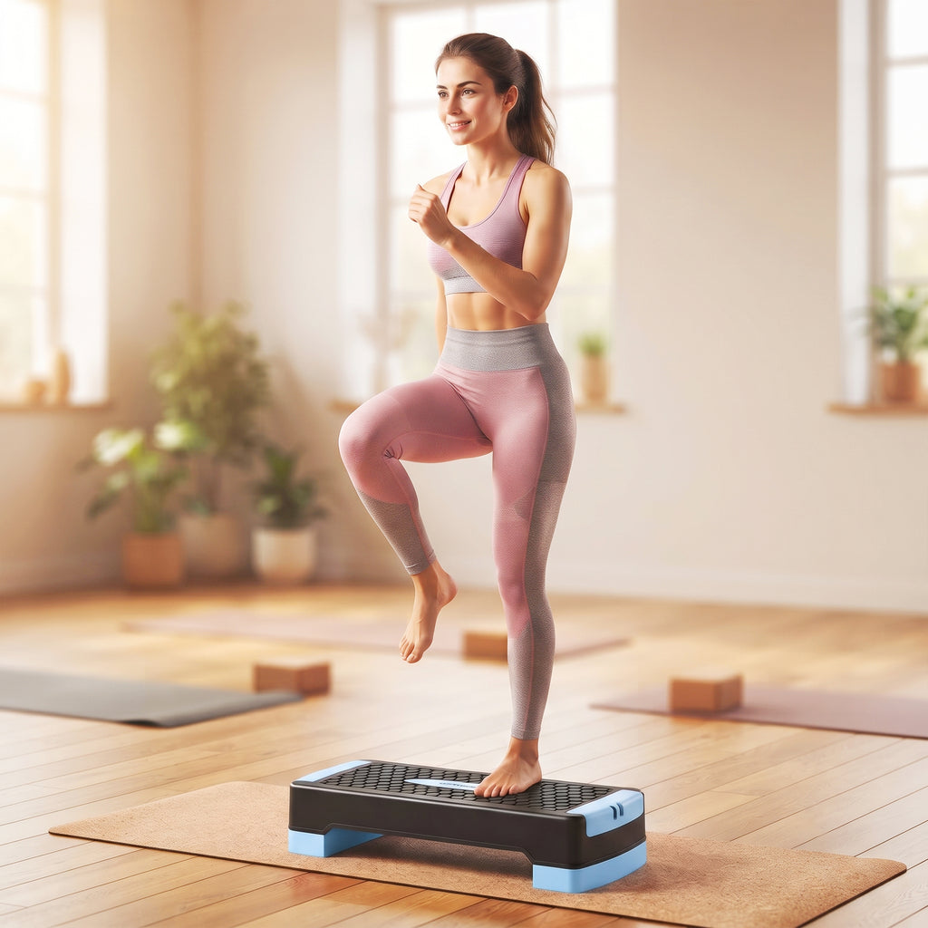 Steppbrett höhenverstellbar Fitness Aerobic Stepper mit 2 Stufen (11/16 cm) 2 Widerstandsbändern, Anti-Rutsch-Matte Blau