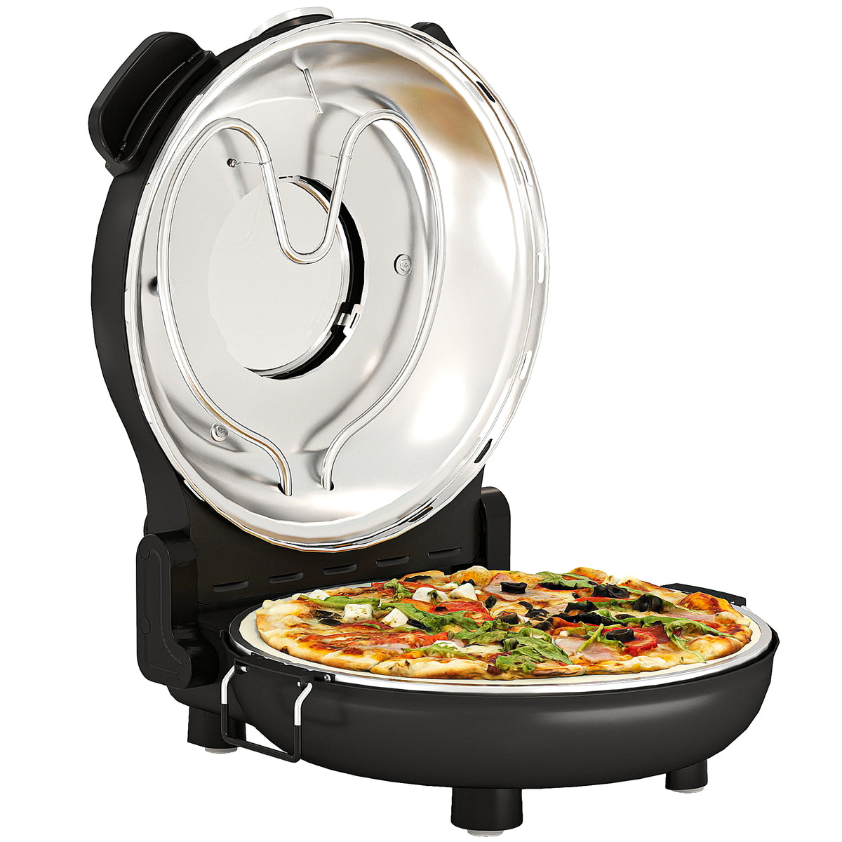 Pizzaofen elektrisch 430 ¡æ, 1200 Watt Pizzab?cker mit 30cm Steinplatte Timer Sichtfenster Edelstahl Schwarz