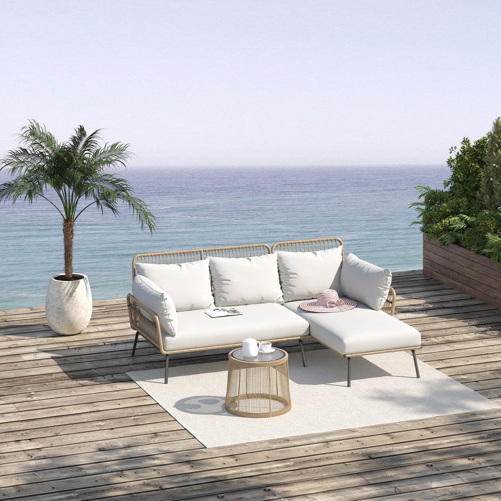 3 tlg. Rattan Gartenmöbel-Set, PE-Rattan, 1 Ecksofa, 1 Liege, inkl. Kissen, wetterbeständig, Kaffee +Creme