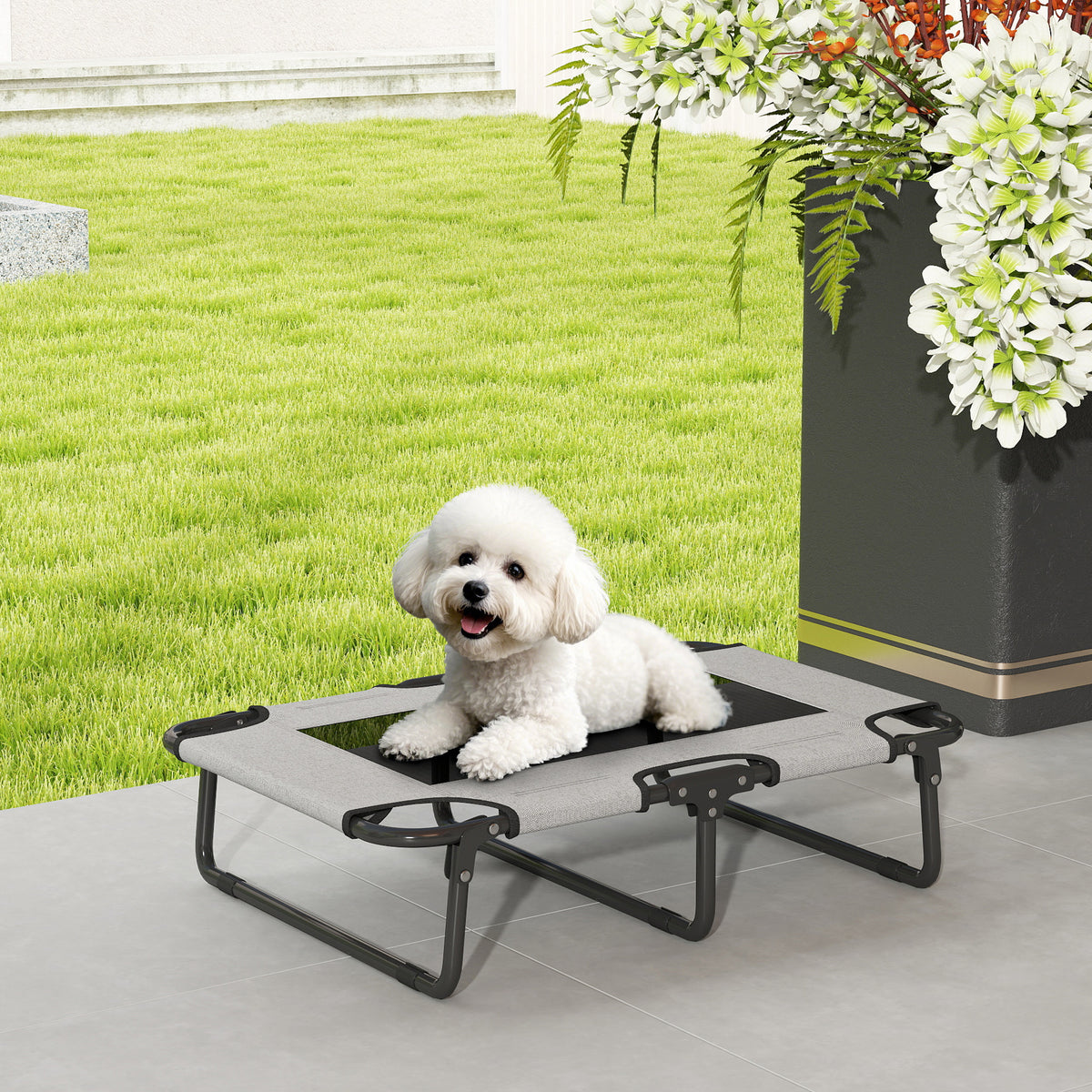 Portable Raised Dog Bed, Elevated Pet Cot with Breathable Mesh for Indoor Outdoor, for Small Medium Dogs, Light Grey