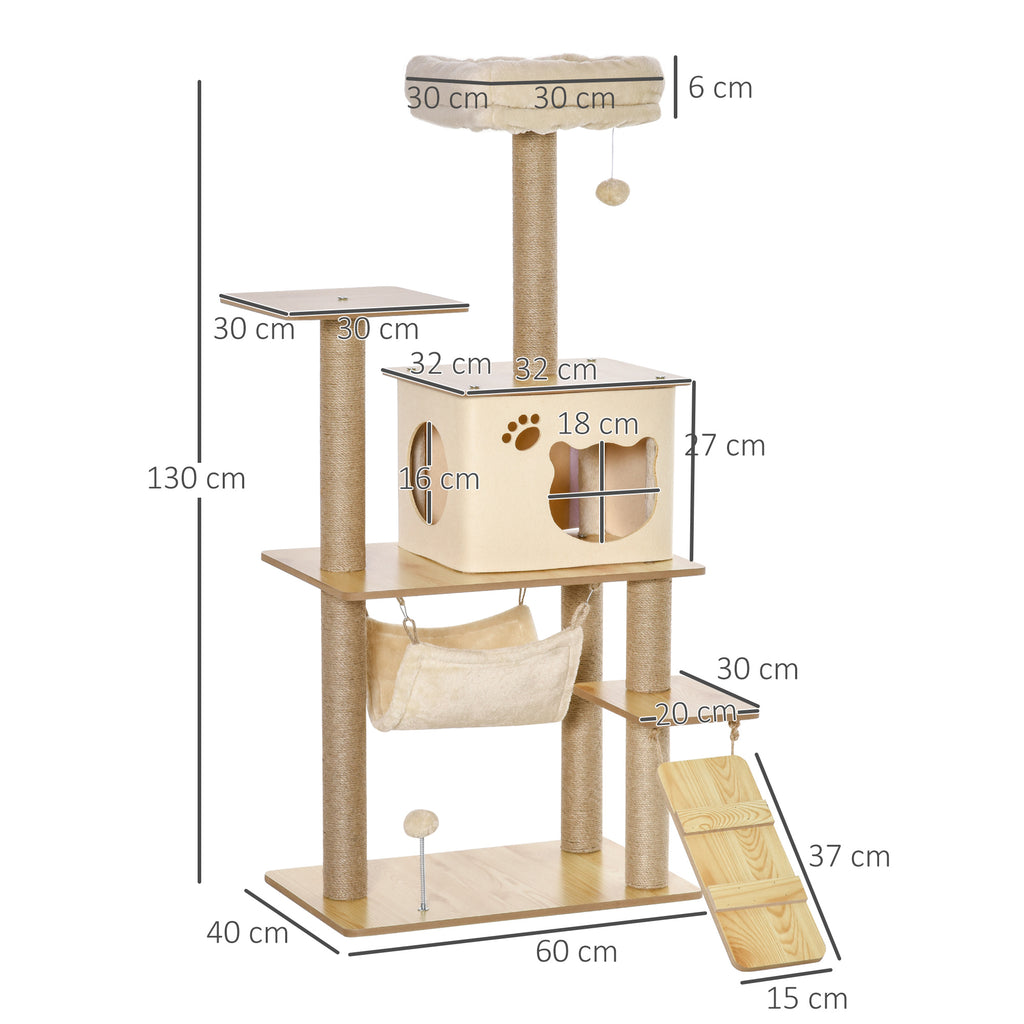 Kratzbaum Katzenbaum für Katzen Kletterbaum aus Holz mit Katzenhöhle Jutestämmen großer Plattform Spielbälle 130 cm Höhe stabil Plüsch Gelb 60 x 40 x 130 cm