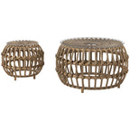 2er Set Beistelltisch Polyrattan ?66/42 cm rund wetterfest Gartentisch mit Glasplatte Braun