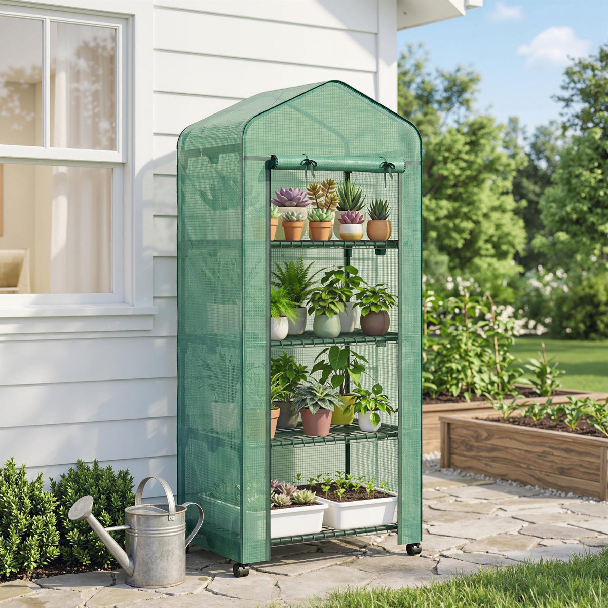 4 Tier Mini Portable Greenhouse Compact Plant Grow Shed Metal Frame PE Cover with Lockable Rolling Wheels , Green