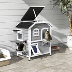 2-story Cat House Outdoor, Weatherproof Wooden Cat Enclosure with Escape Door, Openable Roof, Jumping Platforms, Grey