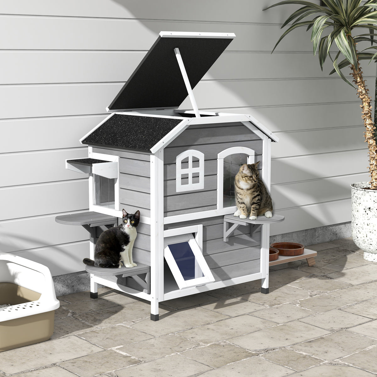 2-story Cat House Outdoor, Weatherproof Wooden Cat Enclosure with Escape Door, Openable Roof, Jumping Platforms, Grey