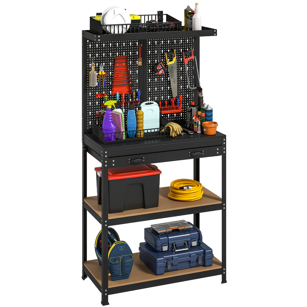 Werkbank 80 x 40,5 x 155 cm Werkzeugbank mit Lochwand, Haken, Schublade, 2 Ablagen f¨¹r Werkstatt Schwarz