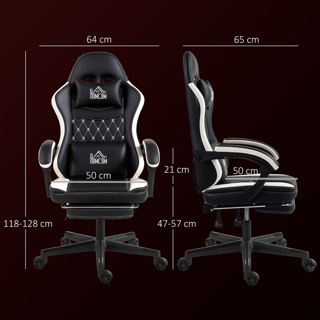 Gaming-Stuhl mit Fu?st¨¹tze, Computerstuhl mit Kopfst¨¹tze & Kissen, Kunstleder-Bezug, drehbar, h?henverstellbar, Metall, Kunststoff, Schwarz+Wei?