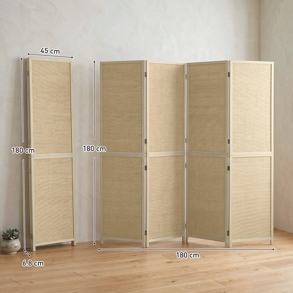Paravent mit 4 Paneelen, faltbare Trennwand aus handgeflochtenem Bambus, 180 x 180 cm, Natur