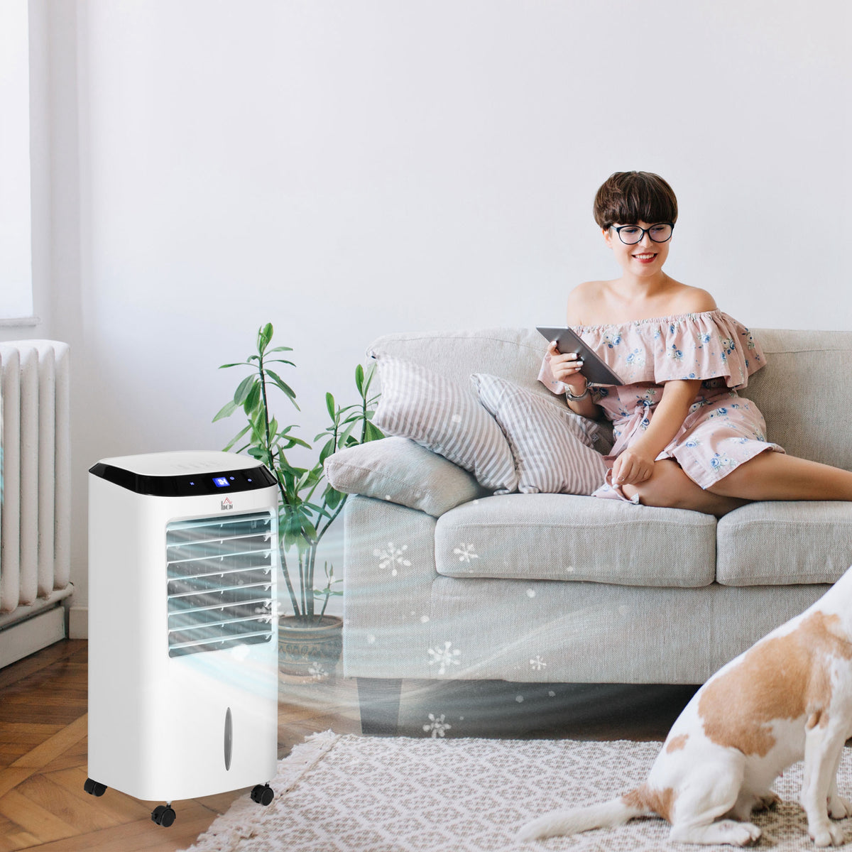 10L 4 in 1 Mobile Klimaanlage mit Luftbefeuchtung Wasserkühlung Klimagerät Luftkühler 8h Timer Fernbedienung Nutzungsraum 20㎡ 60W ABS Weiß+Schwarz 38,2 x 31,6 x 76 cm