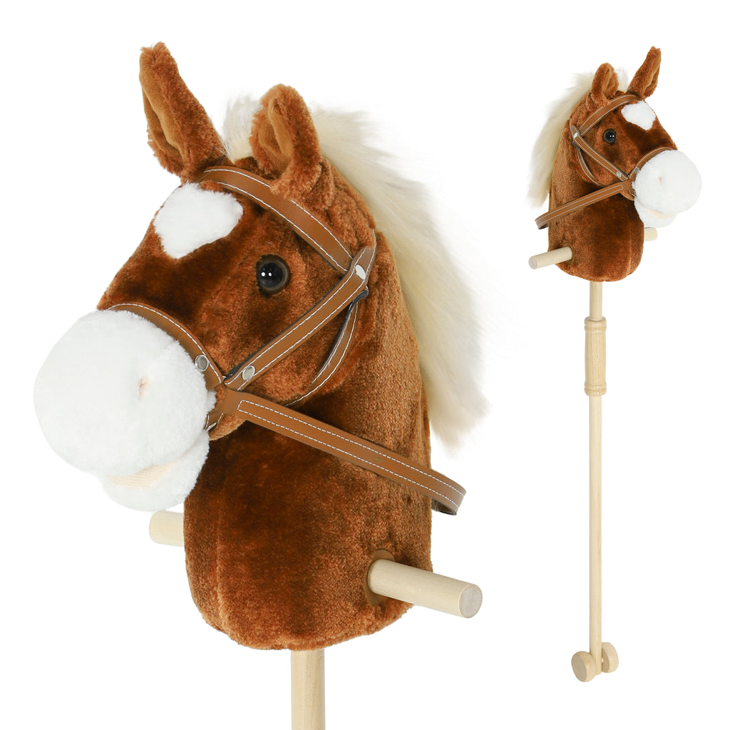 Stick Horse with Wood Wheels, Real Pony Neighing and Galloping Sounds, Grip Handle, 95 cm, Brown