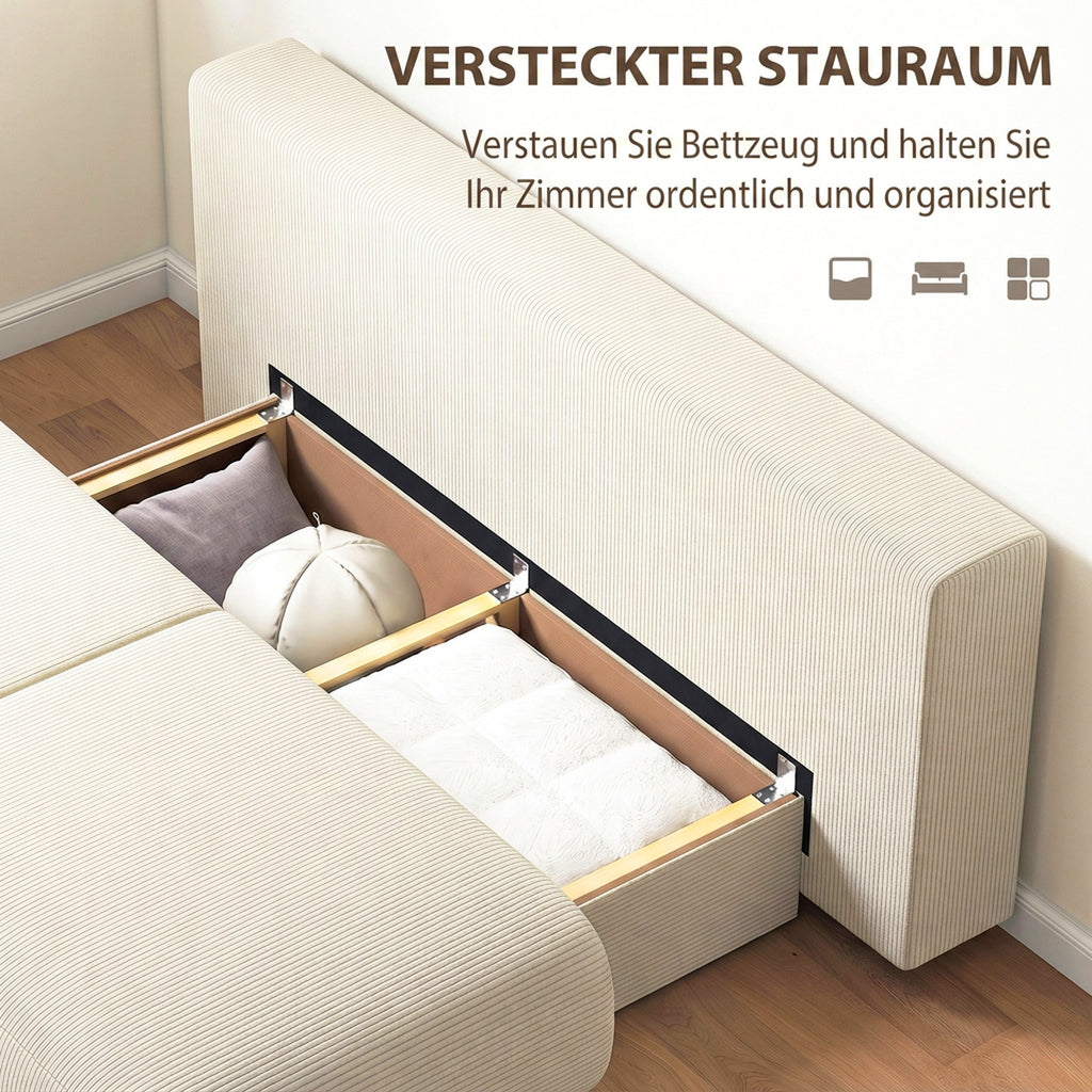 Schlafsofa mit verstellbarer Rückenlehne, Bettfunktion, verstecktem Stauraum und Cordbezug, Beige