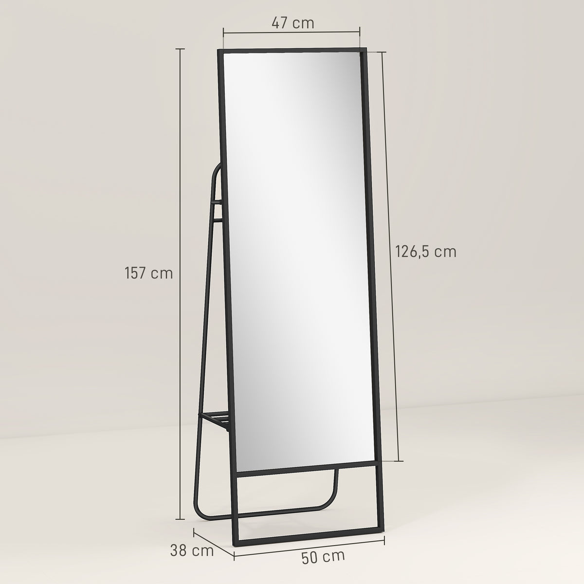 Ganzk?rperspiegel, industrielles Design, hinteres Regal, 2 Haken, Metallrahmen, f¨¹r Schlafzimmer, 157 x 50 cm, Schwarz