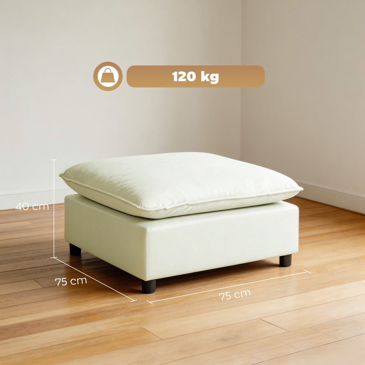 Fußhocker moderner Stoff-Ottomane mit Kunststoffbeinen für Wohnzimmer und Schlafzimmer, 75 cm, Cremeweiß