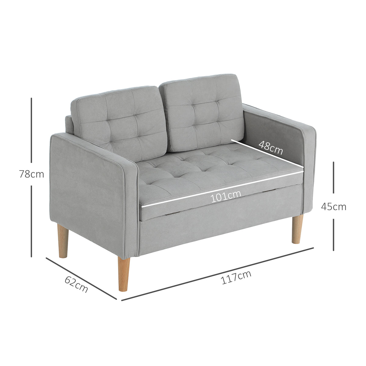 Zweisitzer-Sofa mit Stauraum, Knopfheftung, Kissen, Kautschukbaumholz, 117x62x78cm, Hellgrau