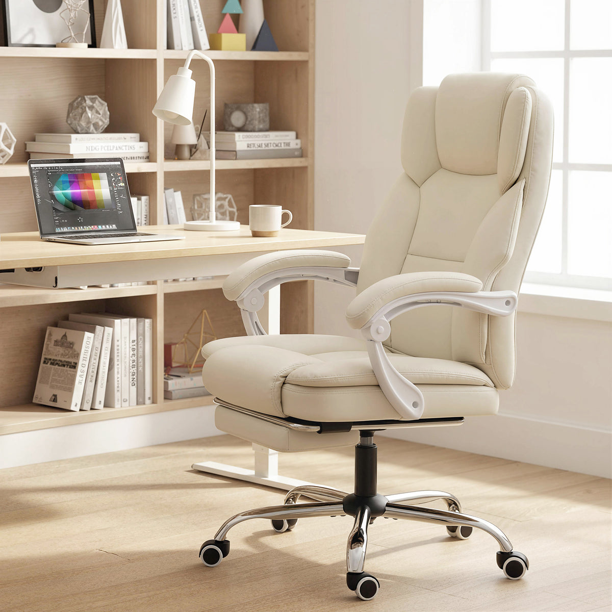 Bürostuhl mit Liegefunktion, Schreibtischstuhl, höhenverstellbar Drehstuhl mit Fußstütze, 64 x 73 x 120 cm, Beige