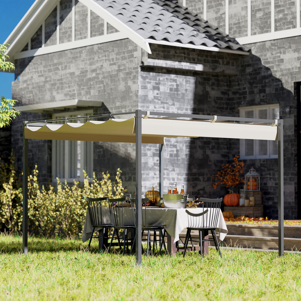 3 x 3 m Garten-Pergola mit einziehbarem Dach, Pavillon, Baldachin für Schatten, UPF30+, Beige
