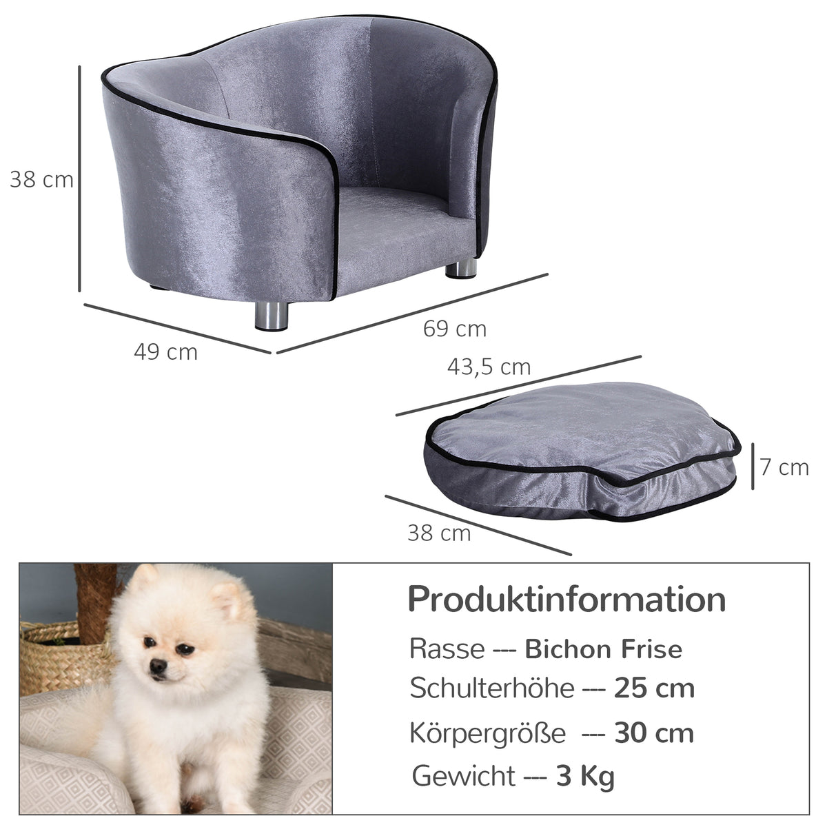 Dog Sofa Bed for Miniature Dogs, Pet Couch Kitten Lounge with Removable Soft Cushion, Thick Sponge, Wooden Frame, Storage Pocket