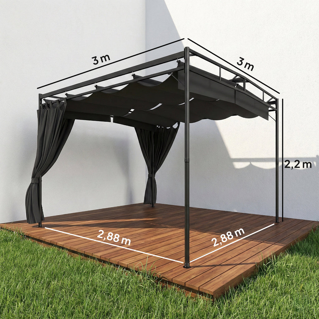 Pergola Pavillon 3x3m Wasserabweisend Sonnenschutz mit verstellbares Schiebedach Vorhängen, freistehend
