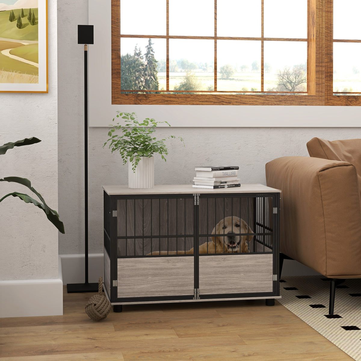 Hundebox, robust & stilvoll, 100x60x68cm, Walnussholz-Finish & Schwarz