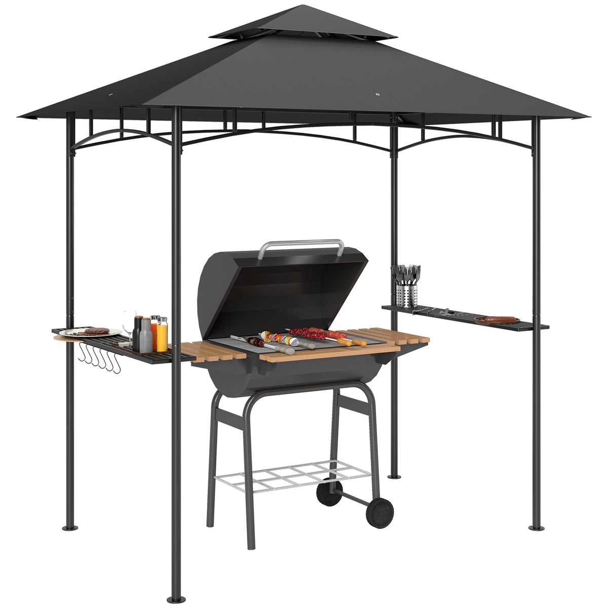8' x 5' Grill Gazebo, Double Tiered BBQ Gazebo Shelter Canopy with LED Lights, 2 Side Shelves, Hooks, Dark Grey