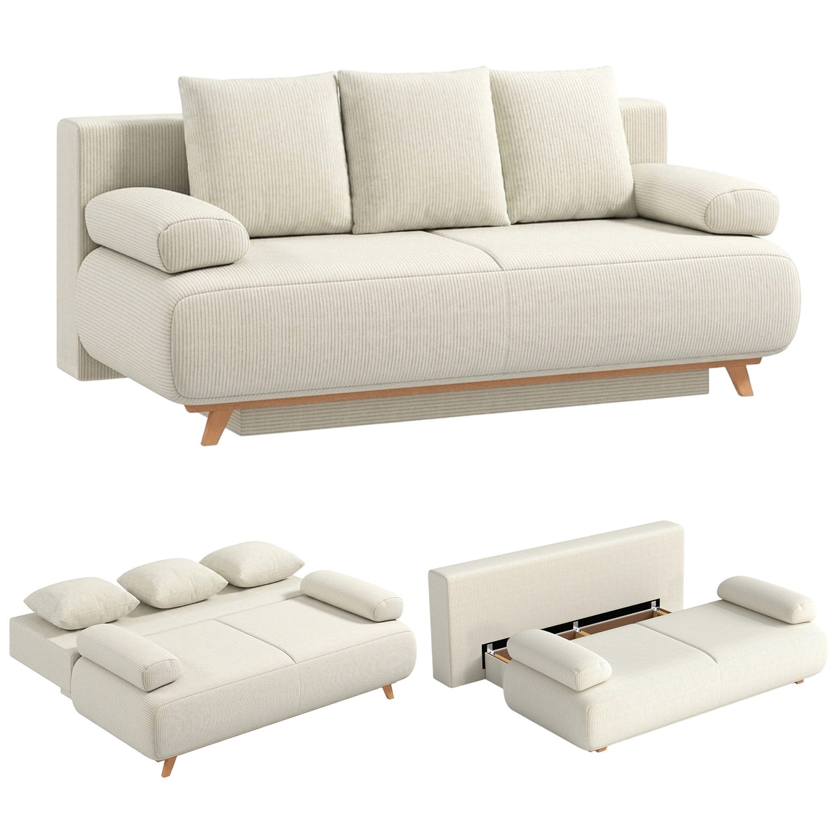 Schlafsofa mit verstellbarer Rückenlehne, Bettfunktion, verstecktem Stauraum und Cordbezug, Beige