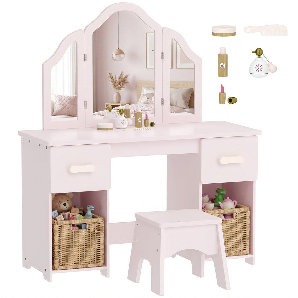 Kids Dressing Table, Kids Vanity Table and Chair Set with Tri-Folding Mirror, 2 Drawers, 2 Cabinets for Girls 3+, Pink