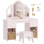 Kids Dressing Table, Kids Vanity Table and Chair Set with Tri-Folding Mirror, 2 Drawers, 2 Cabinets for Girls 3+, Pink