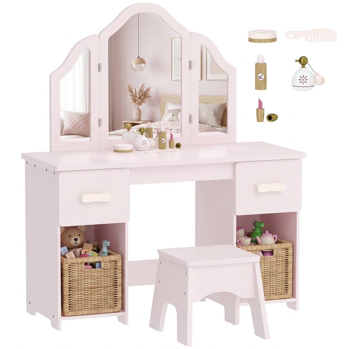 Kids Dressing Table, Kids Vanity Table and Chair Set with Tri-Folding Mirror, 2 Drawers, 2 Cabinets for Girls 3+, Pink