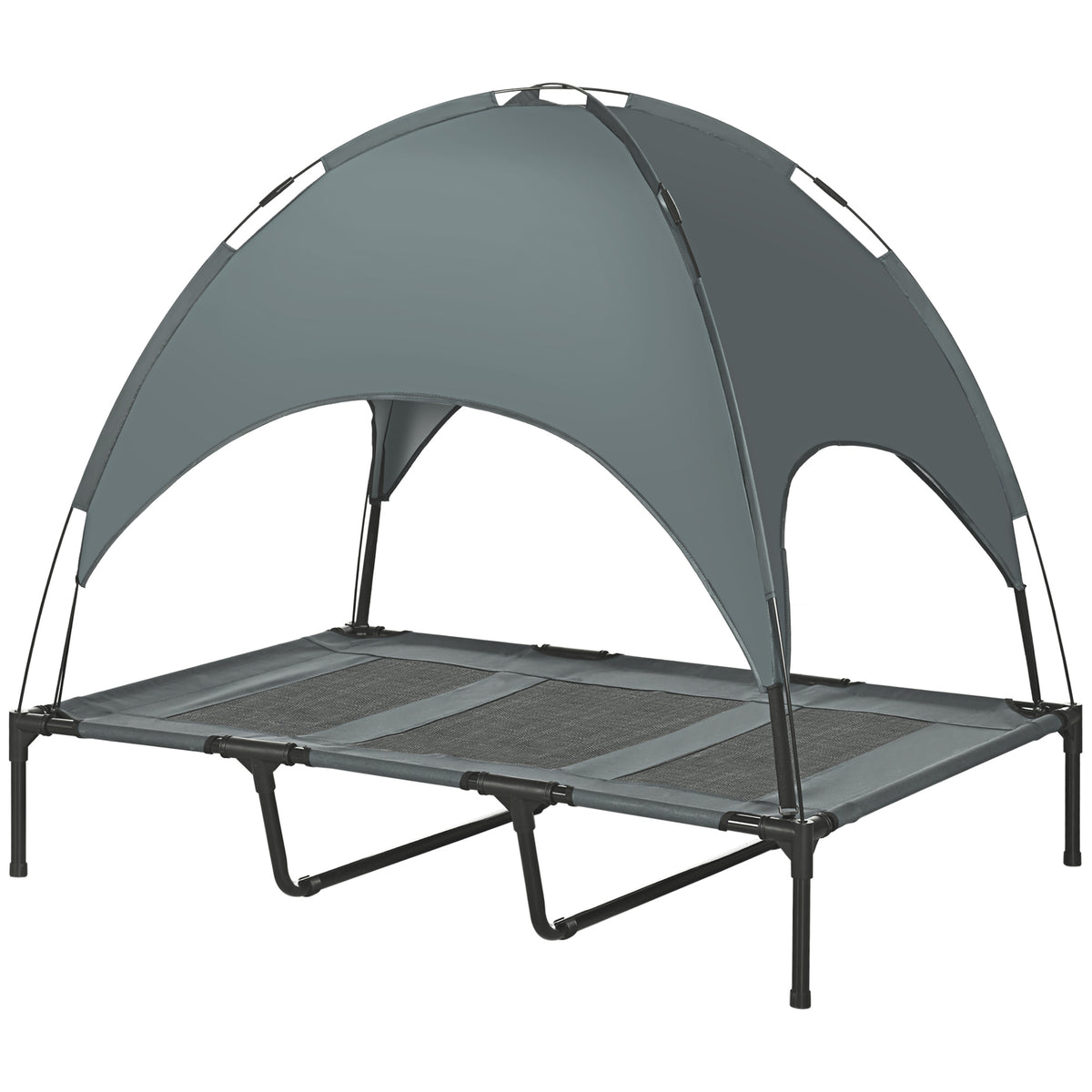 Erhöhtes Hundebett mit Baldachin, Haustierbett, Hundeliege outdoor mit Dach, Atmungsaktiv, Taftstoff für Camping Grau 122 x 92 x 108 cm