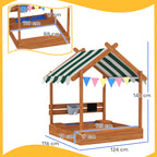 Sandkasten mit Sonnenschutz, Spielhaus-Design, mit Spielzeug-Set, behandeltes Massivholz, 124 x 116 x 146 cm, Grün