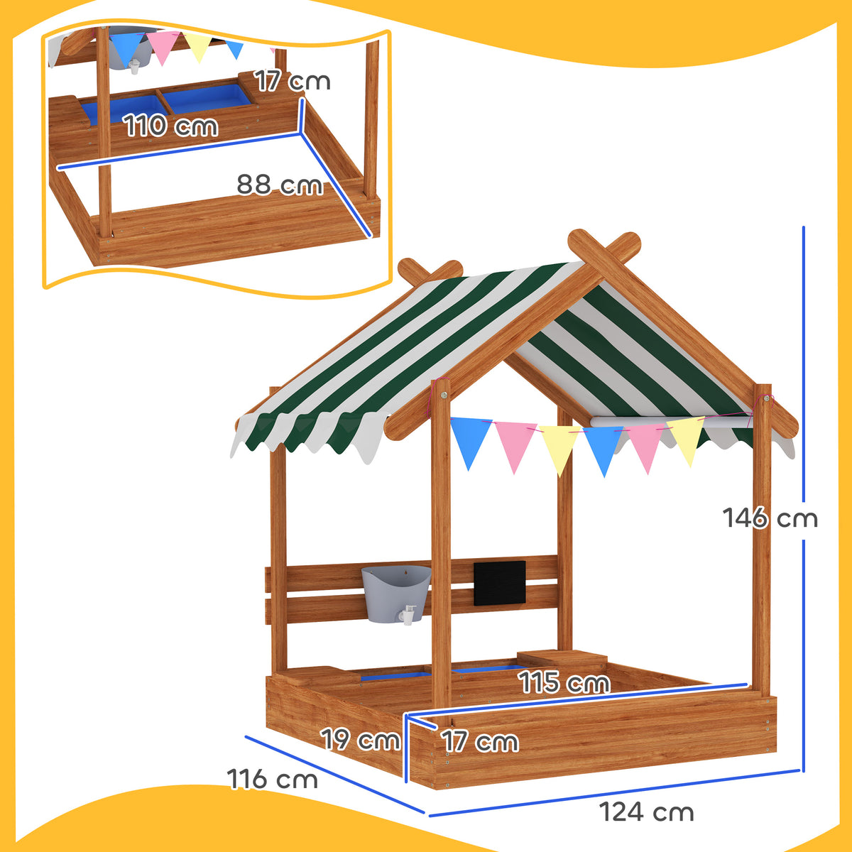 Sandkasten mit Sonnenschutz, Spielhaus-Design, mit Spielzeug-Set, behandeltes Massivholz, 124 x 116 x 146 cm, Grün