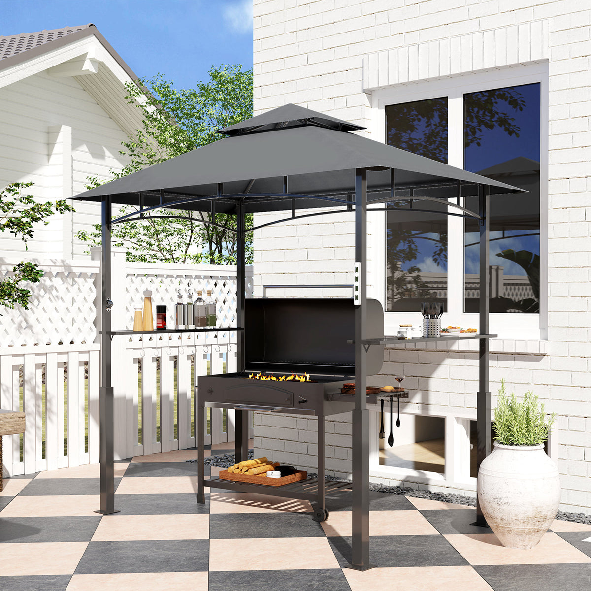 Grillpavillon, Gartengrillzelt mit Gewürzregalen, LED-Beleuchtung, Metall, Kunststoff, 243L x 148B x 248H cm, Grau
