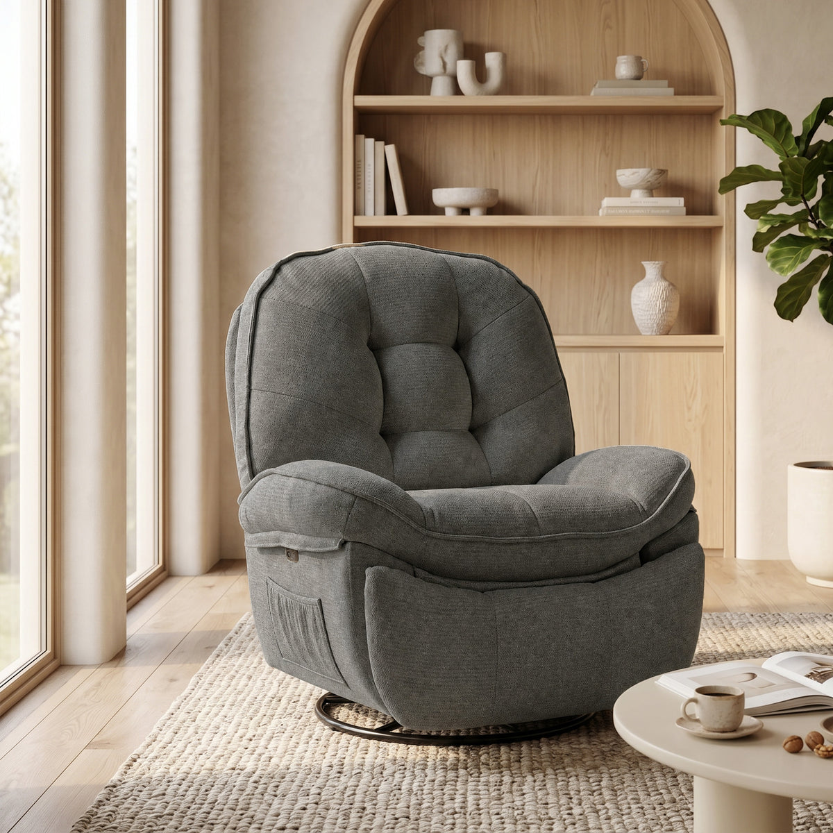 Chenille Relaxsessel, Manuell verstellbar, 360° Dreh- und Wippsessel mit breitem Sitz, hoher Rückenlehne, Hellgrau