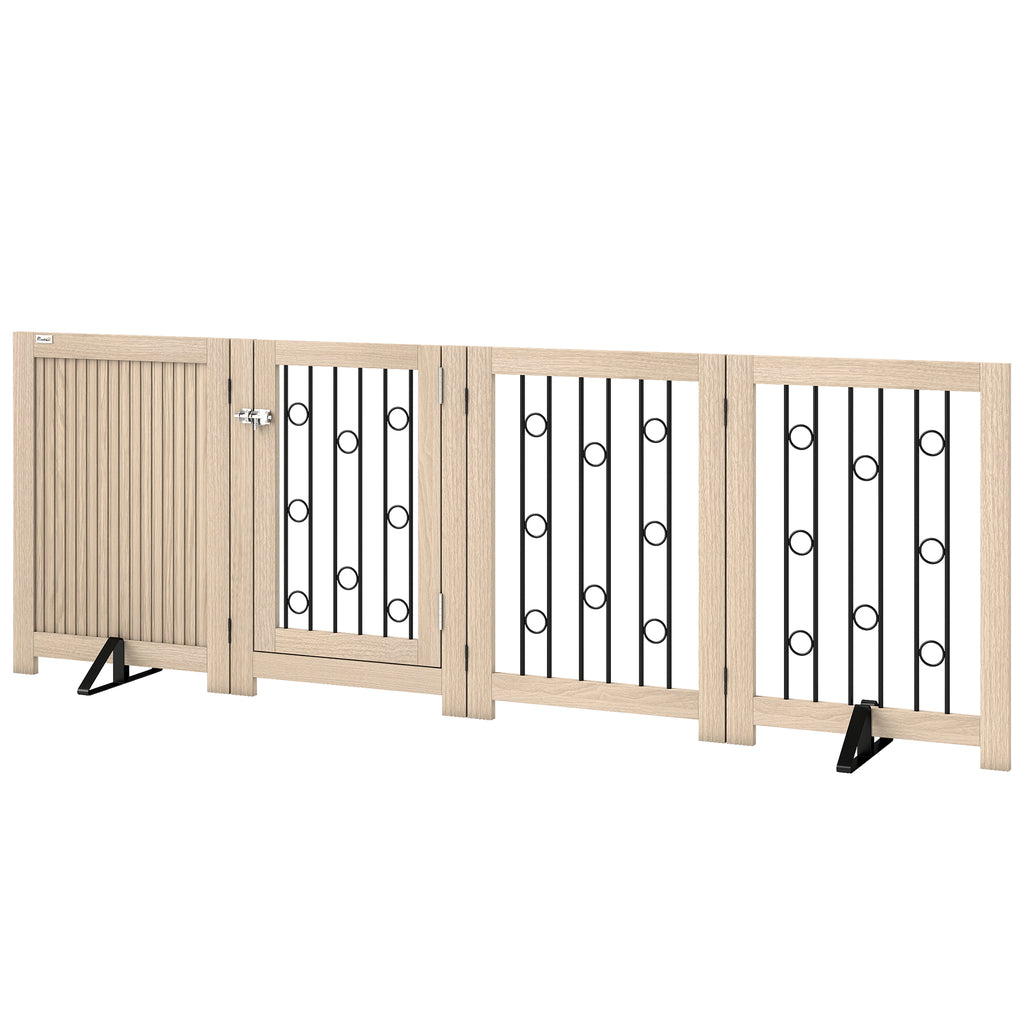 4 Panel Freestanding Pet Gate, Indoor Dog Barrier with Lockable Door, Support Feet, 360° Flexible Hinges, Oak