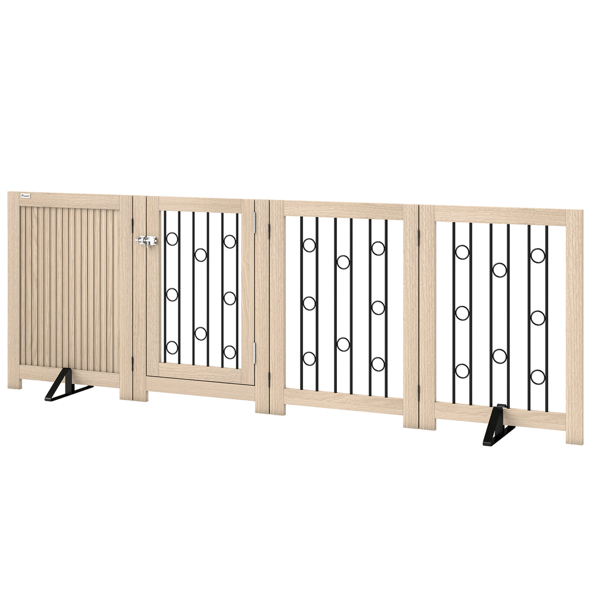 4 Panel Freestanding Pet Gate, Indoor Dog Barrier with Lockable Door, Support Feet, 360° Flexible Hinges, Oak