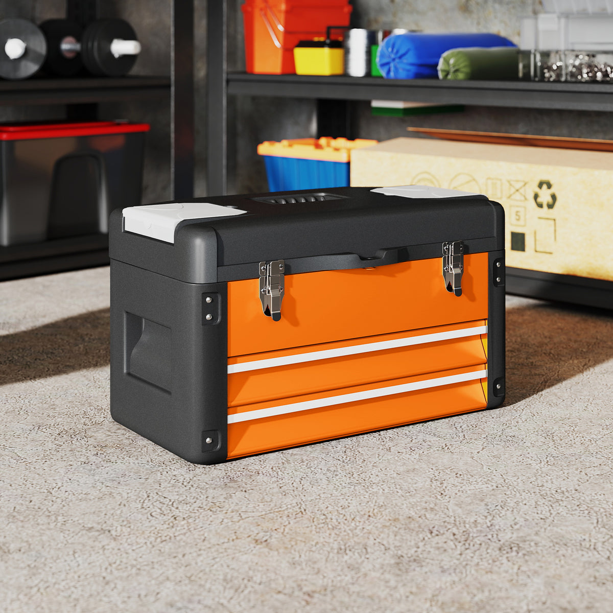 Werkzeugkiste leer, 49,7 x 25,3 x 28,9 cm Werkzeugkasten mit Schublade, Mini-Box Stahl Orange