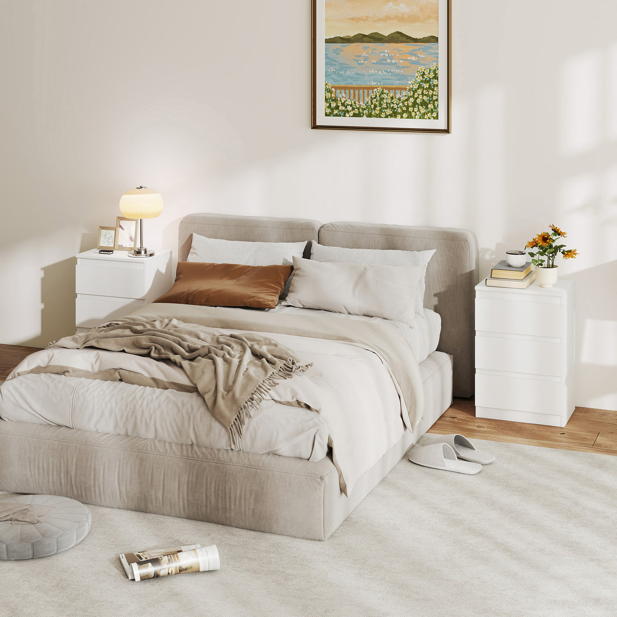 Nachttische im 2er-Set, 3 Schubladen, griffloses Design, Holzoptik, Weiß