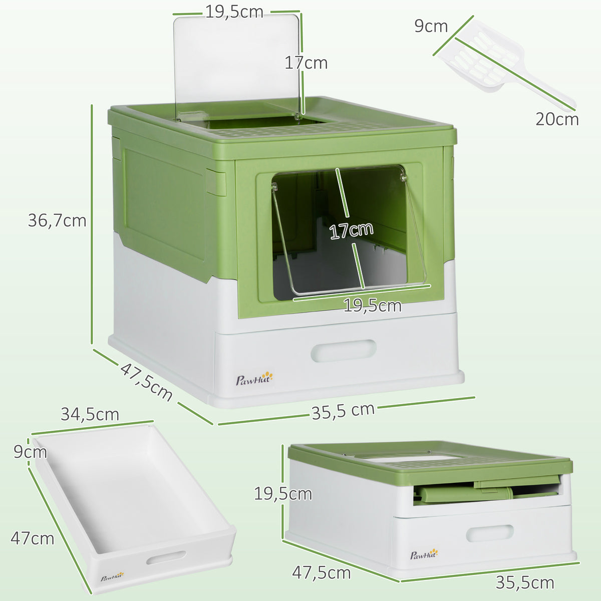 Hooded Cat Litter Box, Portable Pet Toilet, with Scoop, Front Entry - Emerald Green