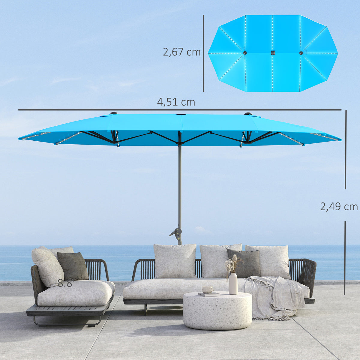 Doppelschirm mit Solar-Lichtern, Aluminium, Polyester, UPF50+ Schutz, UV-best?ndig, Terrassenschirm, Blau