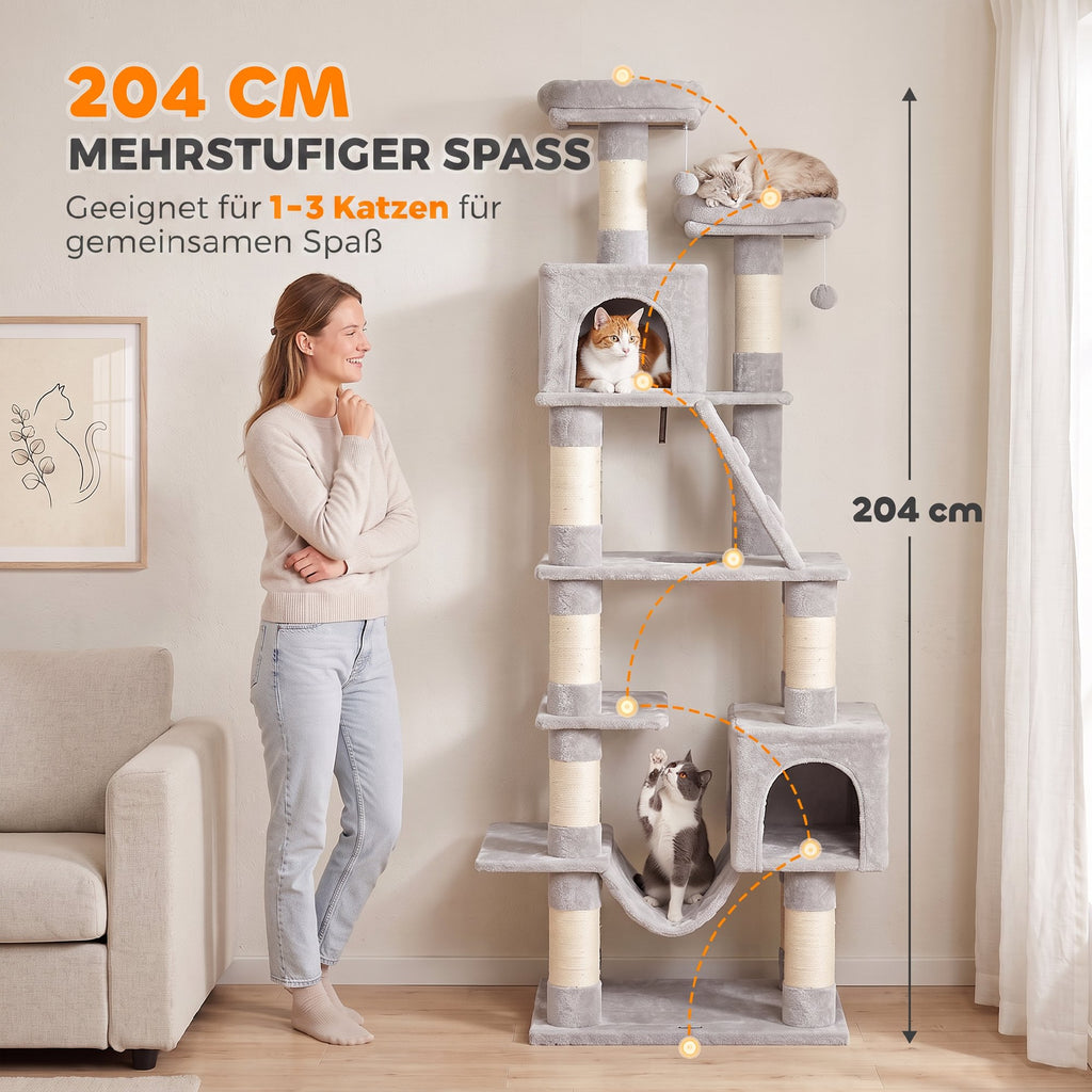 Kratzbaum 204 cm Katzenbaum mit Höhlen Leiter mehrstöckiger Katzenkratzbaum für 1–3 Katzen je bis 6 kg Hellgrau