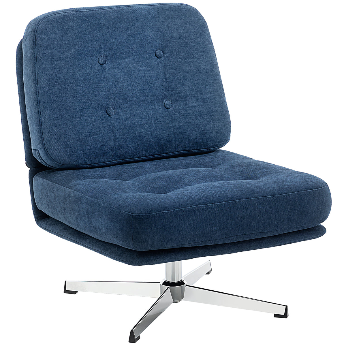Drehbarer Akzentstuhl, gepolsterter Lesesessel mit Chenille, breitem Sitz, Federkissen und Metallbeinen, Dunkelblau