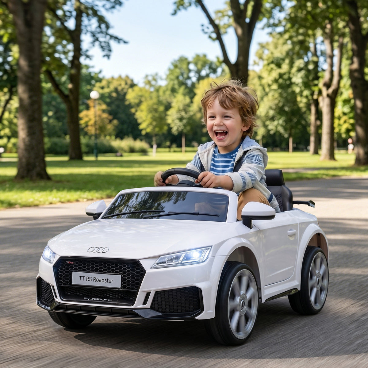 Kinder-Elektroauto, Audi TT RS Roadster, 3 km/h, Fernbedienung, LED, USB, Weiß