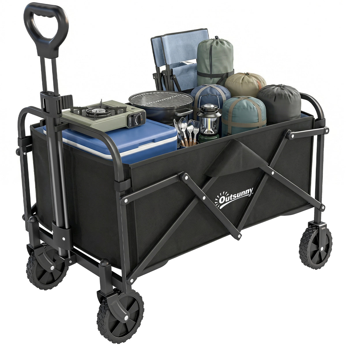 Bollerwagen Faltbarer Handwagen mit Griff Verstellbarer Griffhöhe bis 68 kg Tragkraft für Sport Einkauf Camping Schwarz